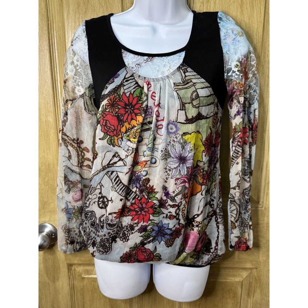 Alberto Makali Mixed Print Lace Shoulder Top Womens Med Bell Sleeve Forest Fairy